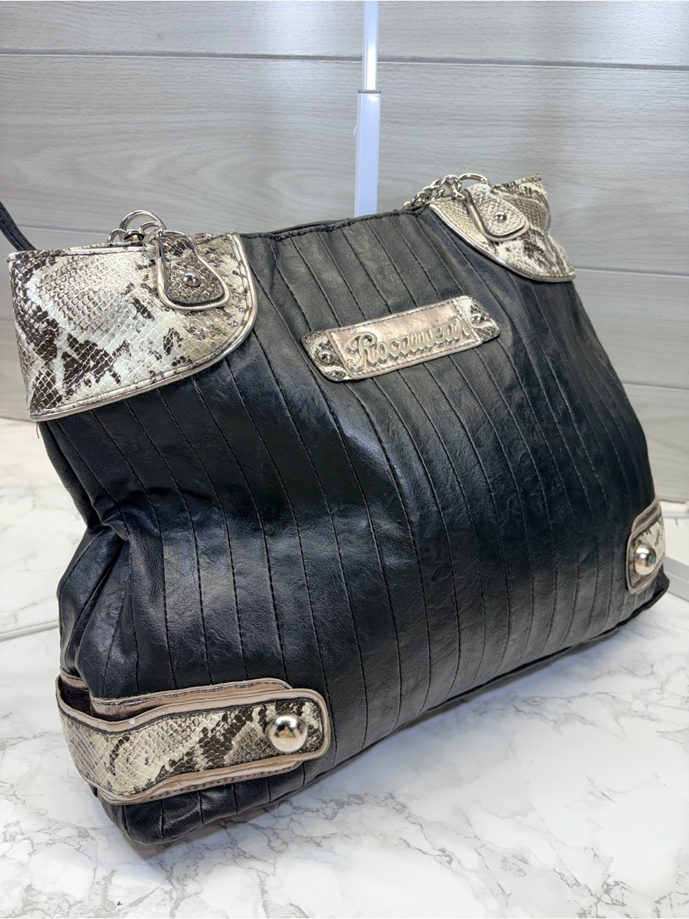 Rocawear Black Tote with Snake-Print Accents